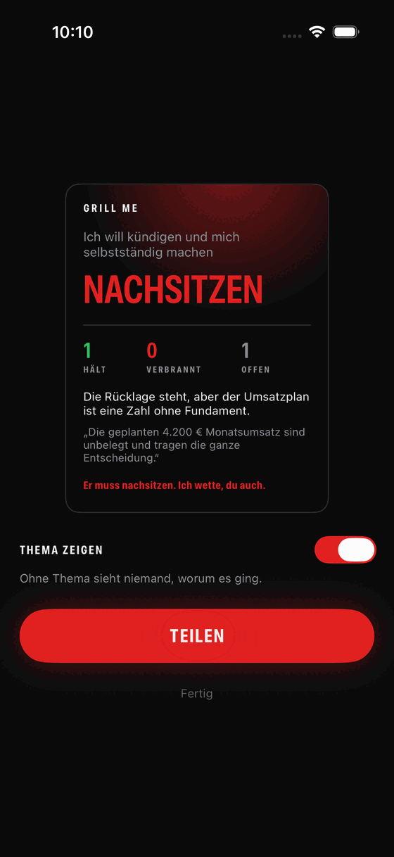 Die Share-Card mit dem Urteil und dem Schalter für das Thema